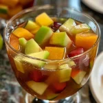 ['Ponche de frutas colorido em um copo.', 'Close de ponche de frutas com pedaços de frutas visíveis.', 'Bebida refrescante de ponche de frutas em uma mesa.', 'Copo de ponche de frutas decorado com canela e limão.']