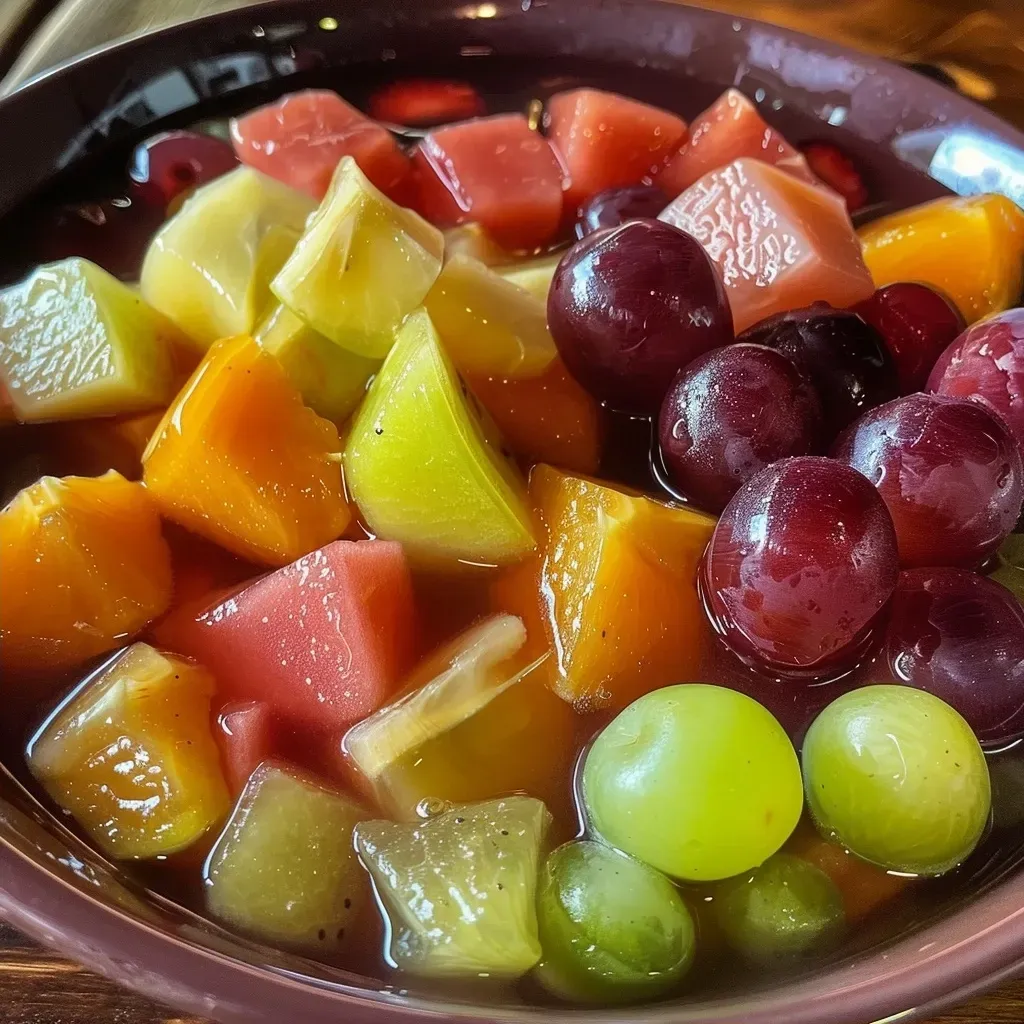 ['Ponche de frutas colorido em um copo.', 'Close de ponche de frutas com pedaços de frutas visíveis.', 'Bebida refrescante de ponche de frutas em uma mesa.', 'Copo de ponche de frutas decorado com canela e limão.']