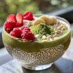 ['Pudim de chia com matcha, frutas frescas e iogurte ao lado.', 'Close de pudim de chia com matcha, cobertura de iogurte e frutas.', 'Pudim de chia verde de matcha servido com iogurte e morangos.', 'Delicioso pudim de chia com matcha e iogurte, decorado com framboesas.']