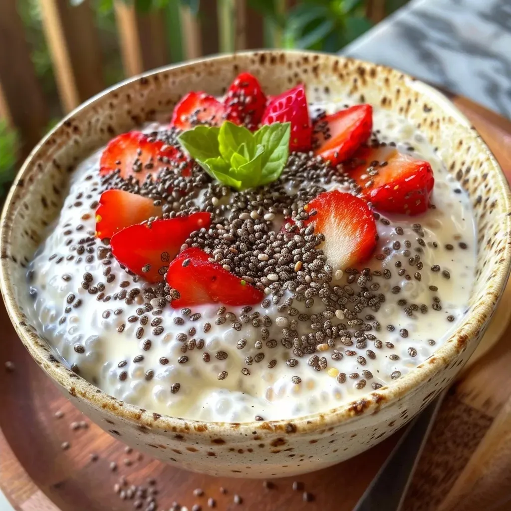 Pudim de chia vegano em um recipiente, com camadas de iogurte.