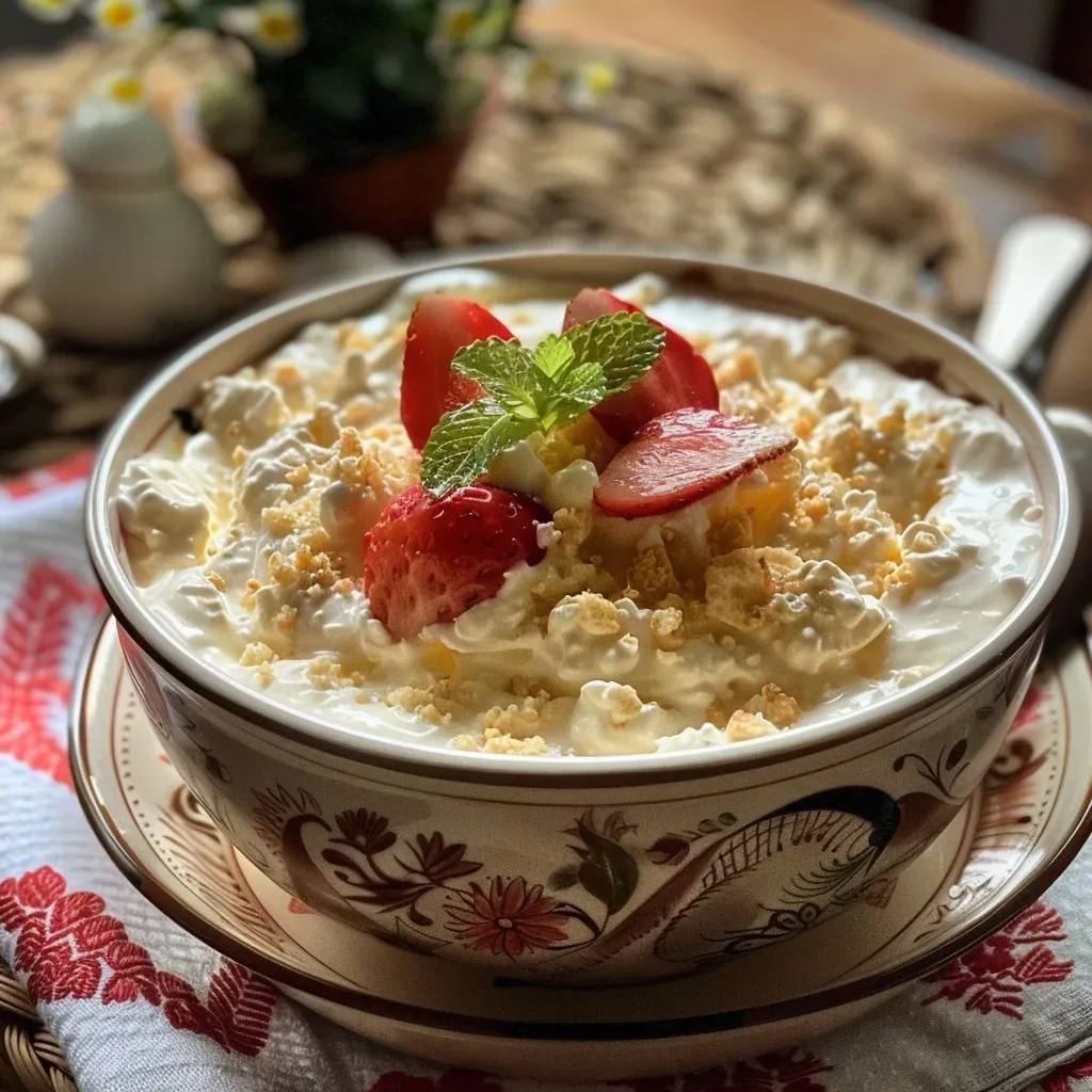 ['Pudim de iogurte grego com calda de morangos em uma tigela.', 'Close de pudim cremoso coberto com calda vermelha de morangos.', 'Pudim de iogurte grego e morangos em uma apresentação apetitosa.', 'Porção de pudim de iogurte grego com calda de morango ao lado.']