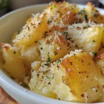 ['Purê de batata cremoso com parmesão e alecrim em um prato.', 'Close-up de purê de batata com queijo parmesão e ervas.', 'Porção generosa de purê de batata decorada com alecrim.', 'Prato de purê de batata com ingredientes frescos ao lado.']
