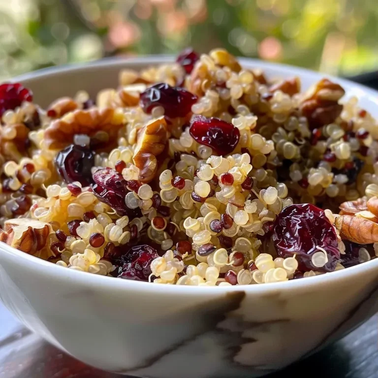 ['Close-up de quinoa tri-colorida com nozes e cranberries.', 'Porção de quinoa colorida misturada com nozes e frutas secas.', 'Quinoa tri-colorida em um prato, decorada com nozes e cranberries.', 'Detalhe de quinoa com nozes e cranberries, perfeita para saladas.']