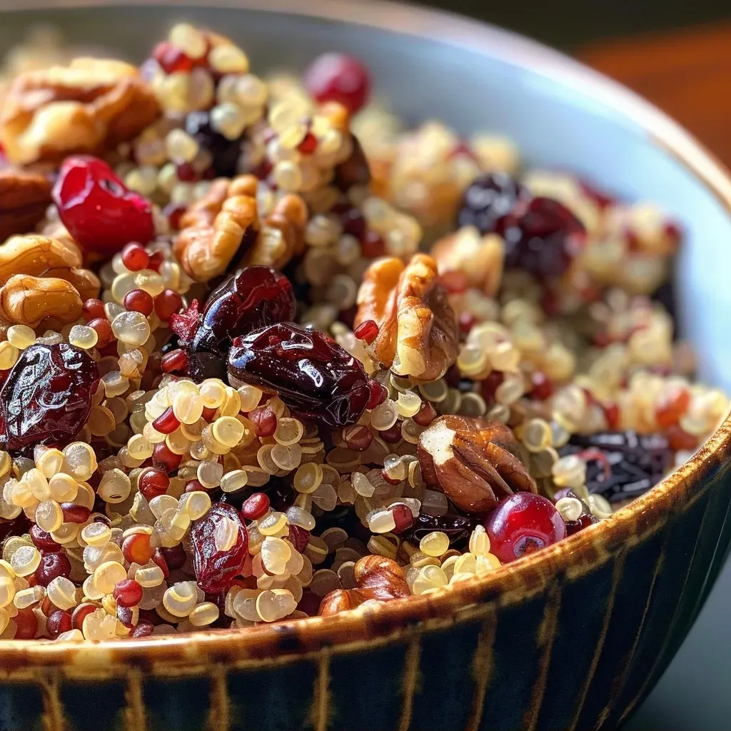 Close-up de quinoa tri-colorida com nozes e cranberries.
