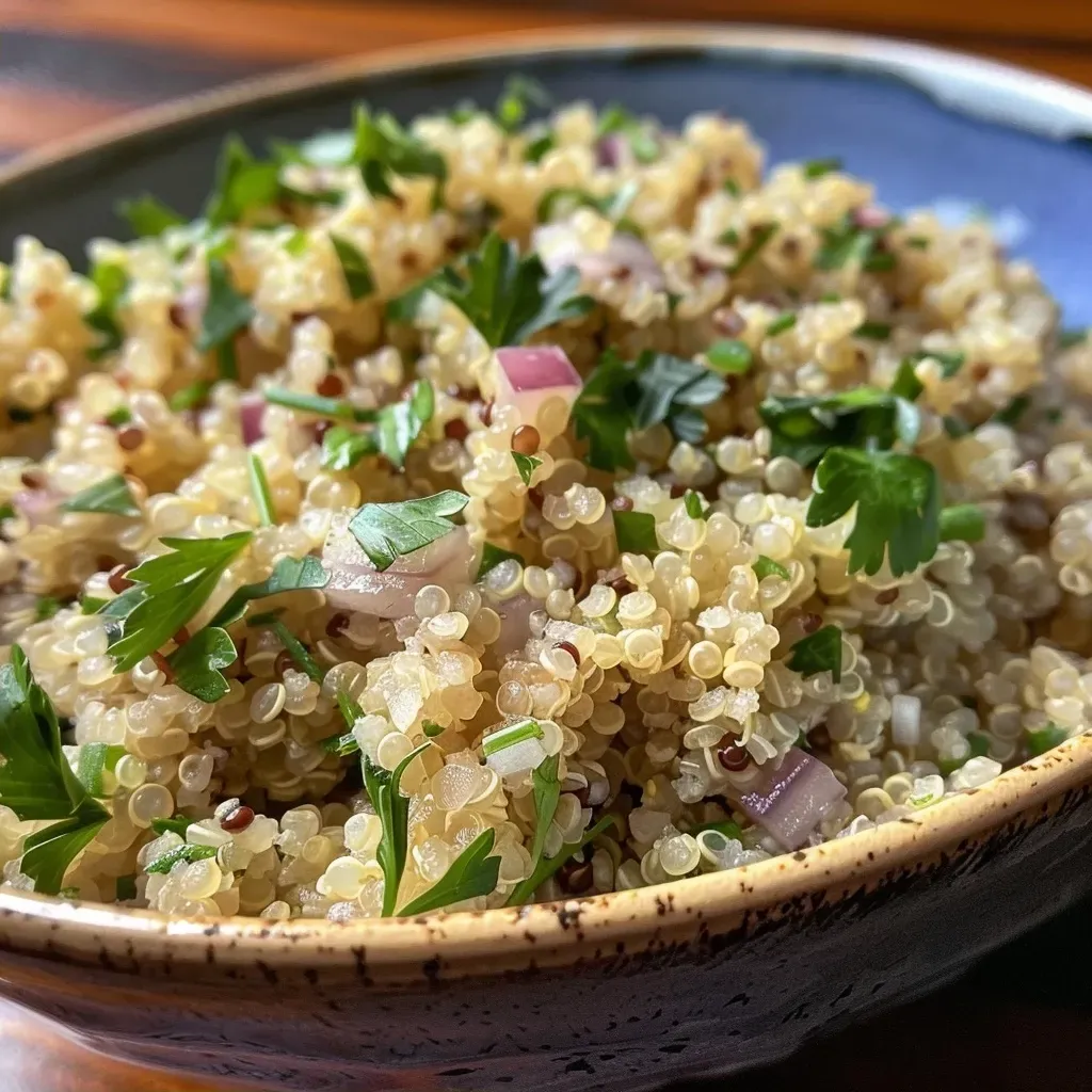 Close-up de quinoa com ervas frescas, em um prato.