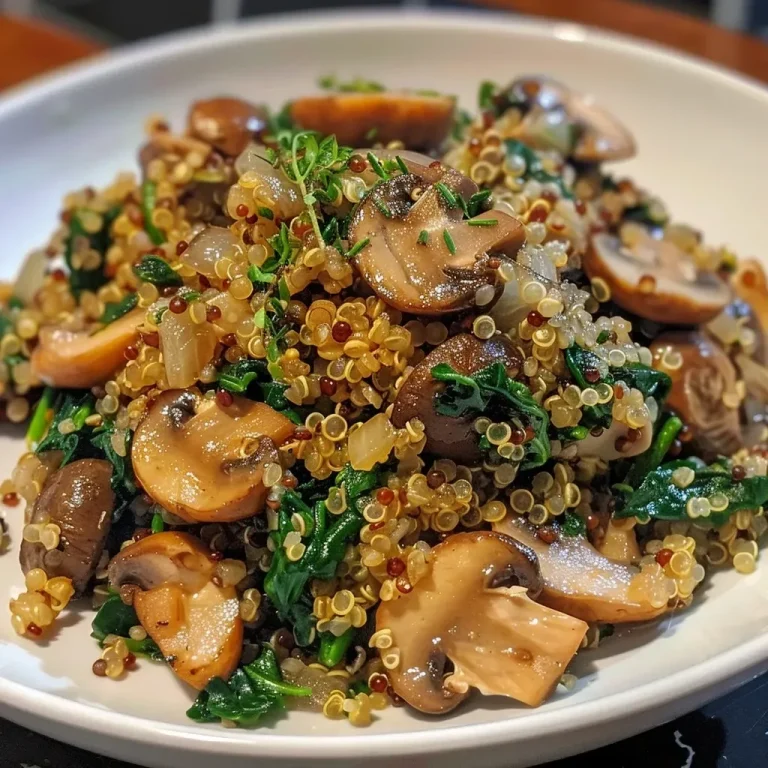 ['Quinoa cozida com espinafre e cogumelos em uma frigideira.', 'Close de um prato de quinoa com vegetais frescos.', 'Preparação de quinoa com espinafre e cogumelos.', 'Quinoa salteada com ingredientes frescos e coloridos.']