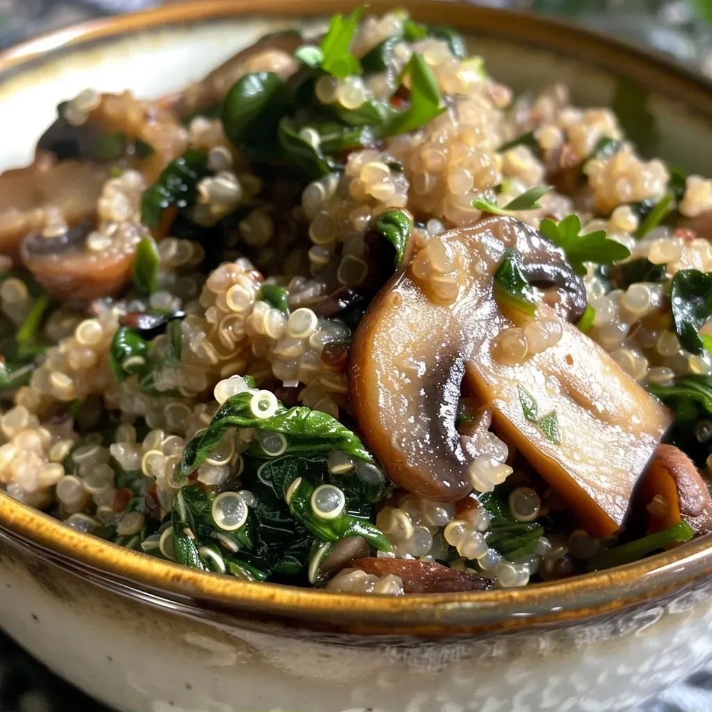 ['Quinoa cozida com espinafre e cogumelos em uma frigideira.', 'Close de um prato de quinoa com vegetais frescos.', 'Preparação de quinoa com espinafre e cogumelos.', 'Quinoa salteada com ingredientes frescos e coloridos.']