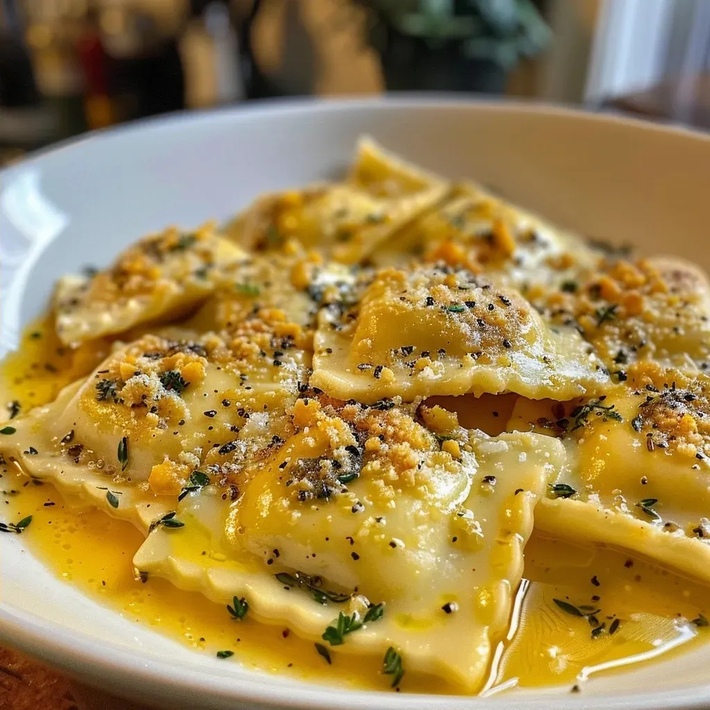 Ravioli de abóbora cremoso servido em um prato.