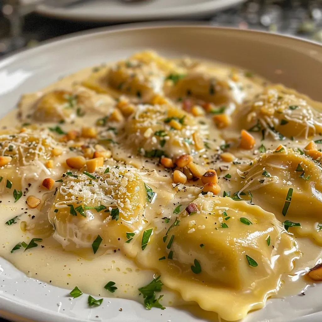 Ravioli de abóbora cremoso com molho branco.