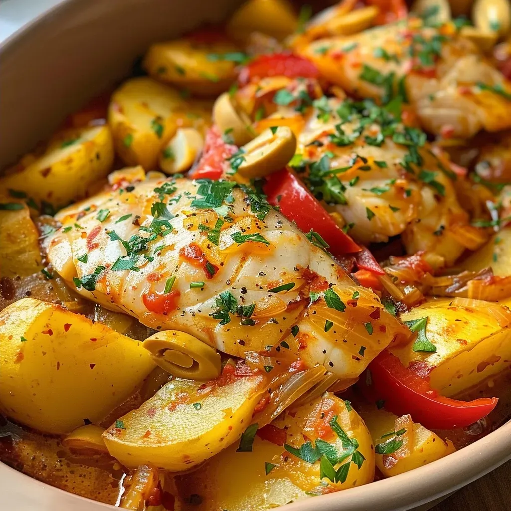 ['Prato de bacalhau à portuguesa com batatas e pimentões.', 'Bacalhau à portuguesa servido com azeitonas e salsinha.', 'Close-up de uma deliciosa receita de bacalhau.', 'Bacalhau com batatas e temperos em um prato colorido.']