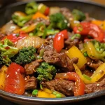 ['Prato de carne magra com vegetais coloridos.', 'Stir-fry de carne bovina e legumes frescos em close.', 'Carne e vegetais saudáveis em uma tigela.', 'Refeição deliciosa e saudável com pedaços de carne e legumes.']