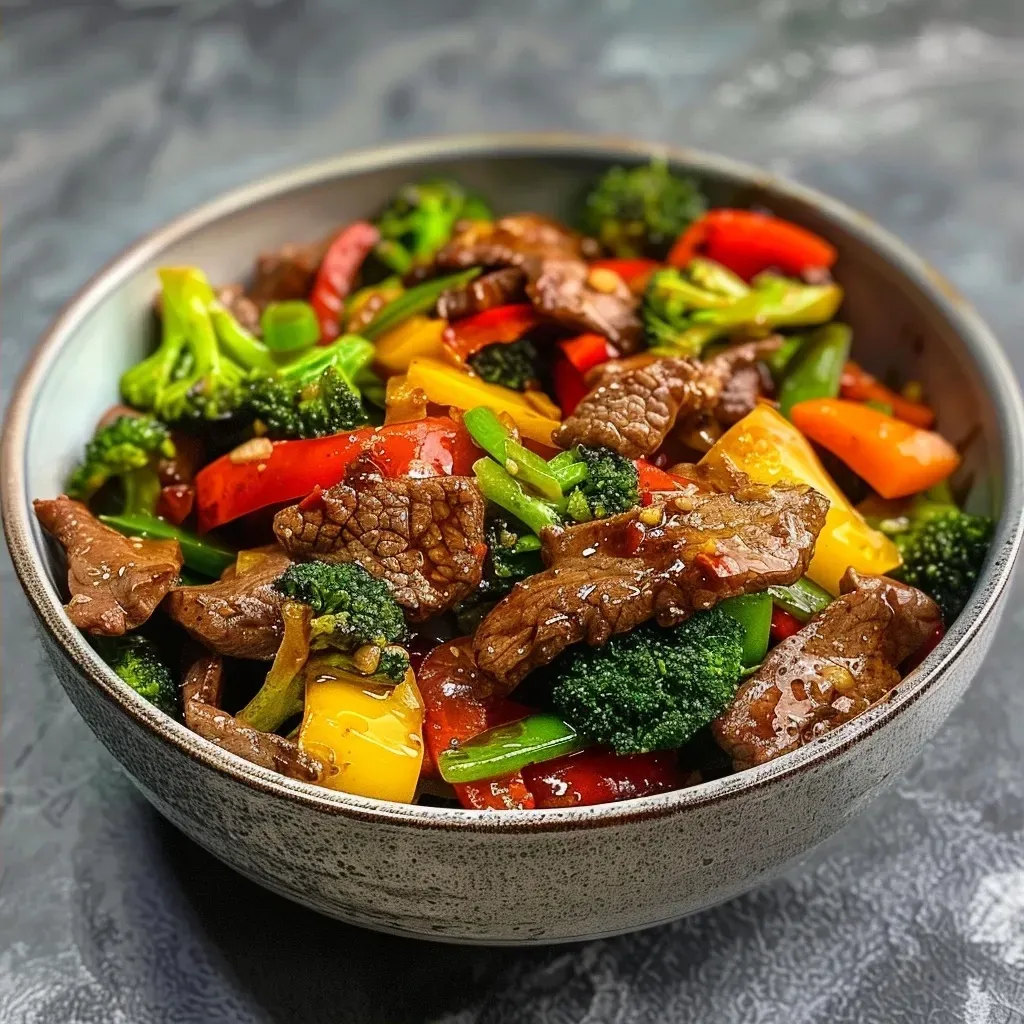 ['Prato de carne magra com vegetais coloridos.', 'Stir-fry de carne bovina e legumes frescos em close.', 'Carne e vegetais saudáveis em uma tigela.', 'Refeição deliciosa e saudável com pedaços de carne e legumes.']