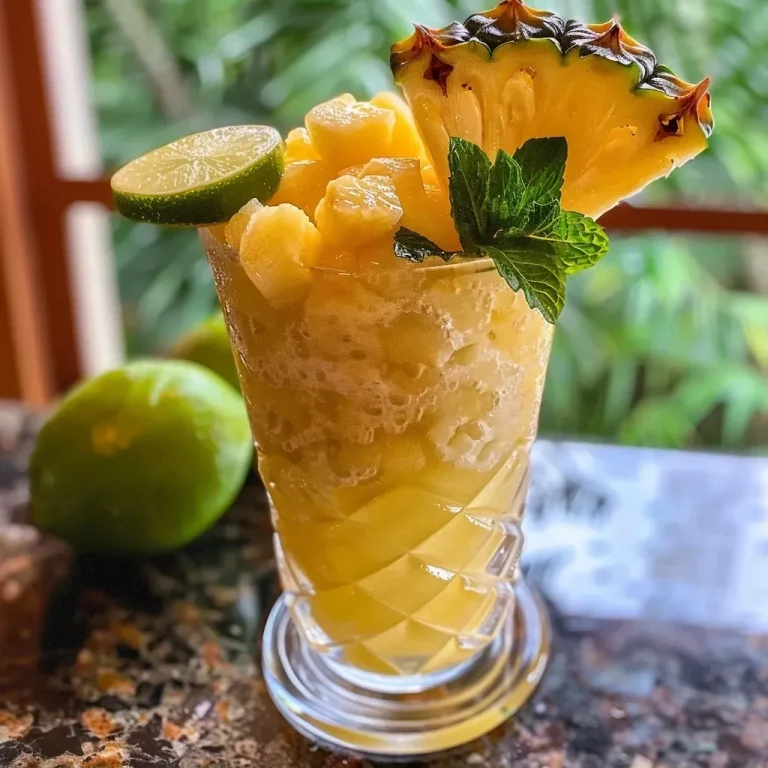 ['Close-up de refresco de ananás e coco em um copo.', 'Imagem de refresco de ananás e coco servido com frutas.', 'Copo de refresco de ananás e coco em ângulo lateral.', 'Bebida refrescante de ananás e coco com limão.']