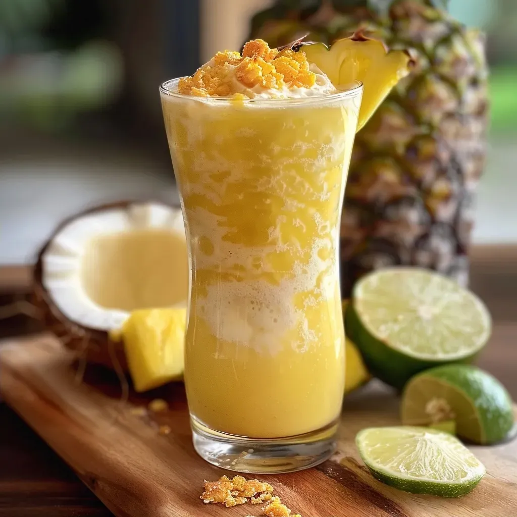 ['Close-up de refresco de ananás e coco em um copo.', 'Imagem de refresco de ananás e coco servido com frutas.', 'Copo de refresco de ananás e coco em ângulo lateral.', 'Bebida refrescante de ananás e coco com limão.']