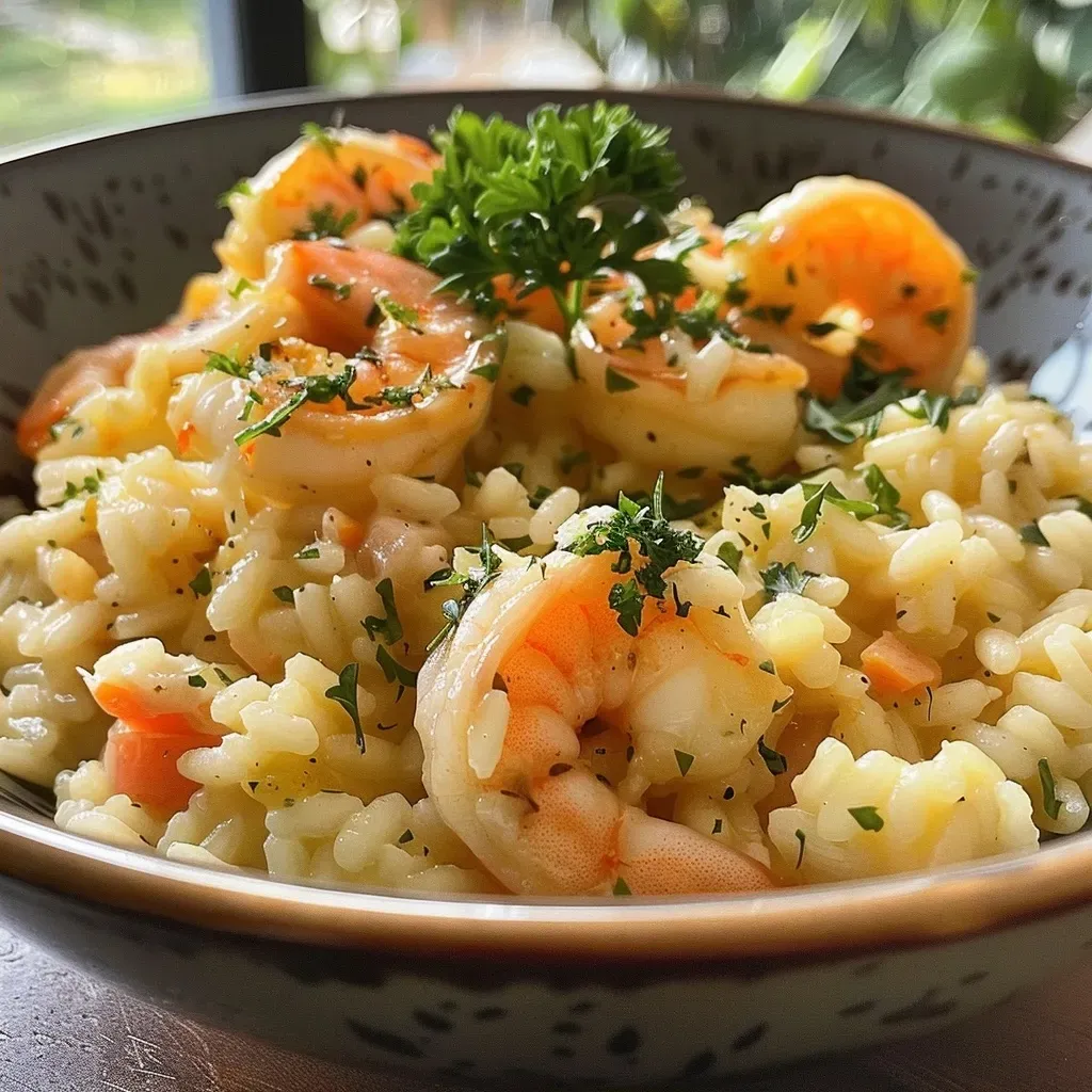 ['Risoto de limão siciliano com camarões frescos.', 'Prato de risoto cremoso com camarão e limão siciliano.', 'Close-up de risoto de limão siciliano decorado com camarões.', 'Risoto de camarão com toques de limão siciliano.']
