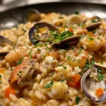 ['Prato de risoto com frutos do mar, mostrando camarões e vongoles.', 'Close-up de um risoto cremoso com ingredientes variados de frutos do mar.', 'Risotto ai frutti di mare servido em um prato, com mariscos e ervas.', 'Fotografia de risoto com combinação de frutos do mar frescos, detalhando os ingredientes.']