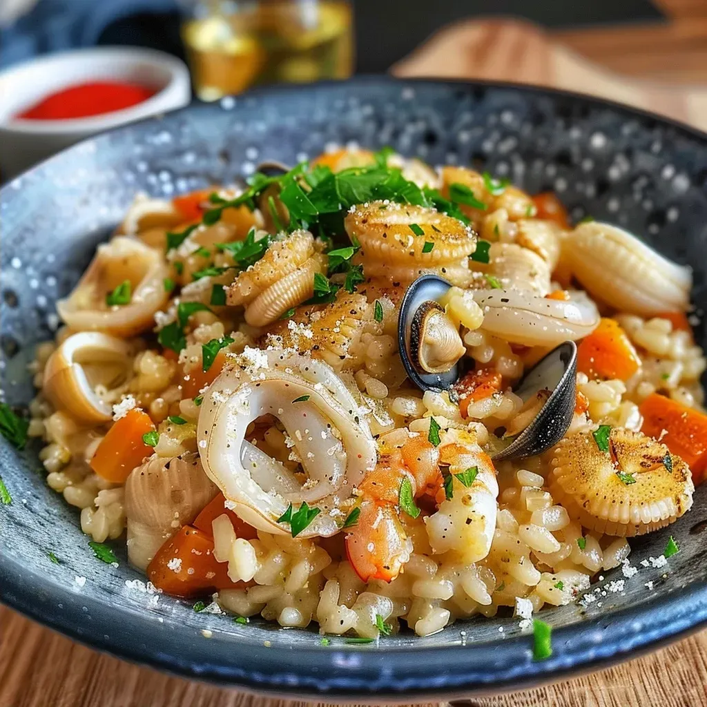 ['Prato de risoto com frutos do mar, mostrando camarões e vongoles.', 'Close-up de um risoto cremoso com ingredientes variados de frutos do mar.', 'Risotto ai frutti di mare servido em um prato, com mariscos e ervas.', 'Fotografia de risoto com combinação de frutos do mar frescos, detalhando os ingredientes.']