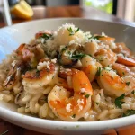 ['Risotto de frutos do mar com camarões e berbigões, servido em prato branco.', 'Close-up de um risotto cremoso com mexilhões e alho.', 'Prato de risotto de frutos do mar com ingredientes frescos e coloridos.', 'Risotto de frutos do mar, apresentando camarões, berbigões e ervas.']