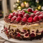 ['Rocambole de Natal recheado com mascarpone e framboesas.', 'Close-up de um rocambole de Natal com chocolate branco e framboesas.', 'Rocambole decorado com framboesas e açúcar de confeiteiro.', 'Fatia de rocambole de Natal com uma cobertura cremosa e frutas frescas.']