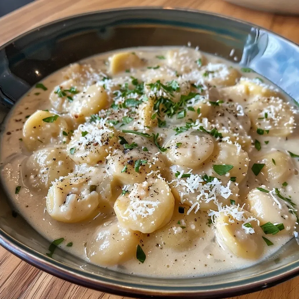 Rondelli de presunto e mussarela com molho branco, servido em um prato.