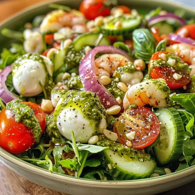 ['Salada colorida com molho pesto, tomates e queijo.', 'Close de uma salada fresca com pesto e ingredientes variados.', 'Salada com folhas verdes, tomates-cereja e molho pesto.', 'Mistura de vegetais frescos com pesto, em foco.']