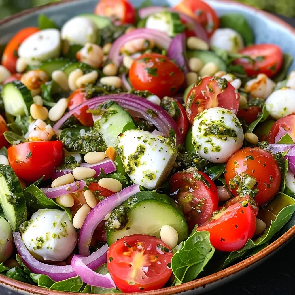 Salada colorida com molho pesto, tomates e queijo.