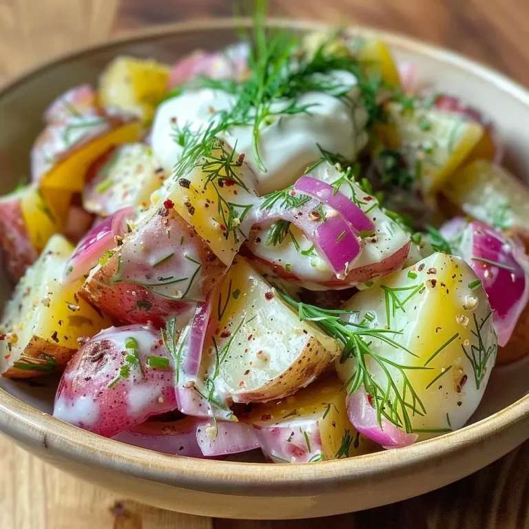 ['Salada de batata vermelha com dill, vista lateral.', 'Close-up de salada de batata vermelha, com ingredientes frescos.', 'Salada de batata com dill e molho cremoso em um prato.', 'Salada de batata vermelha com cebola roxa e dill.']