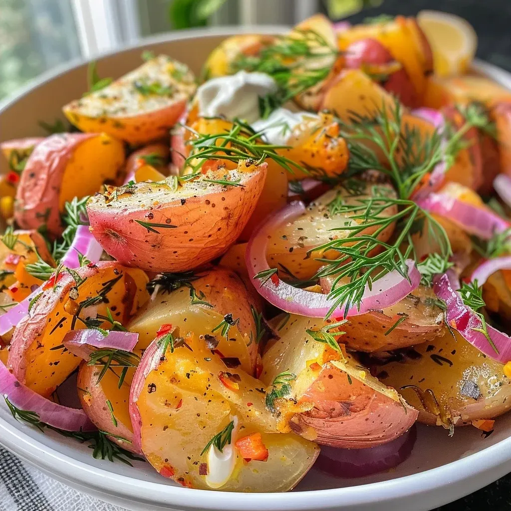 Salada de batata vermelha com dill, vista lateral.