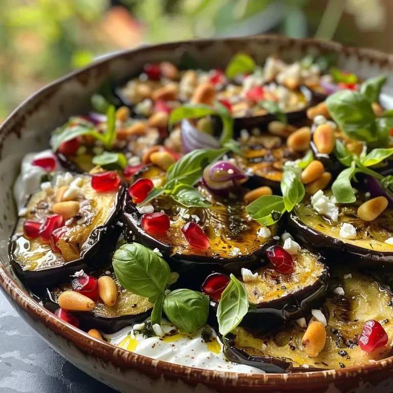 ['Salada de berinjela assada com iogurte e grãos de romã.', 'Close-up de salada de berinjela com molho de tahine e pinhões.', 'Prato de salada de berinjela assada com folhas de manjericão.', 'Salada colorida de berinjela assada com ingredientes frescos.']