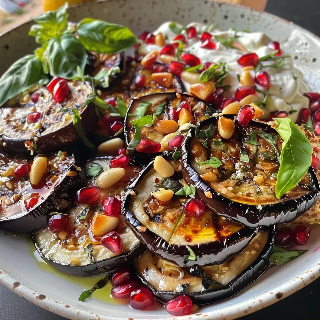 ['Salada de berinjela assada com iogurte e grãos de romã.', 'Close-up de salada de berinjela com molho de tahine e pinhões.', 'Prato de salada de berinjela assada com folhas de manjericão.', 'Salada colorida de berinjela assada com ingredientes frescos.']