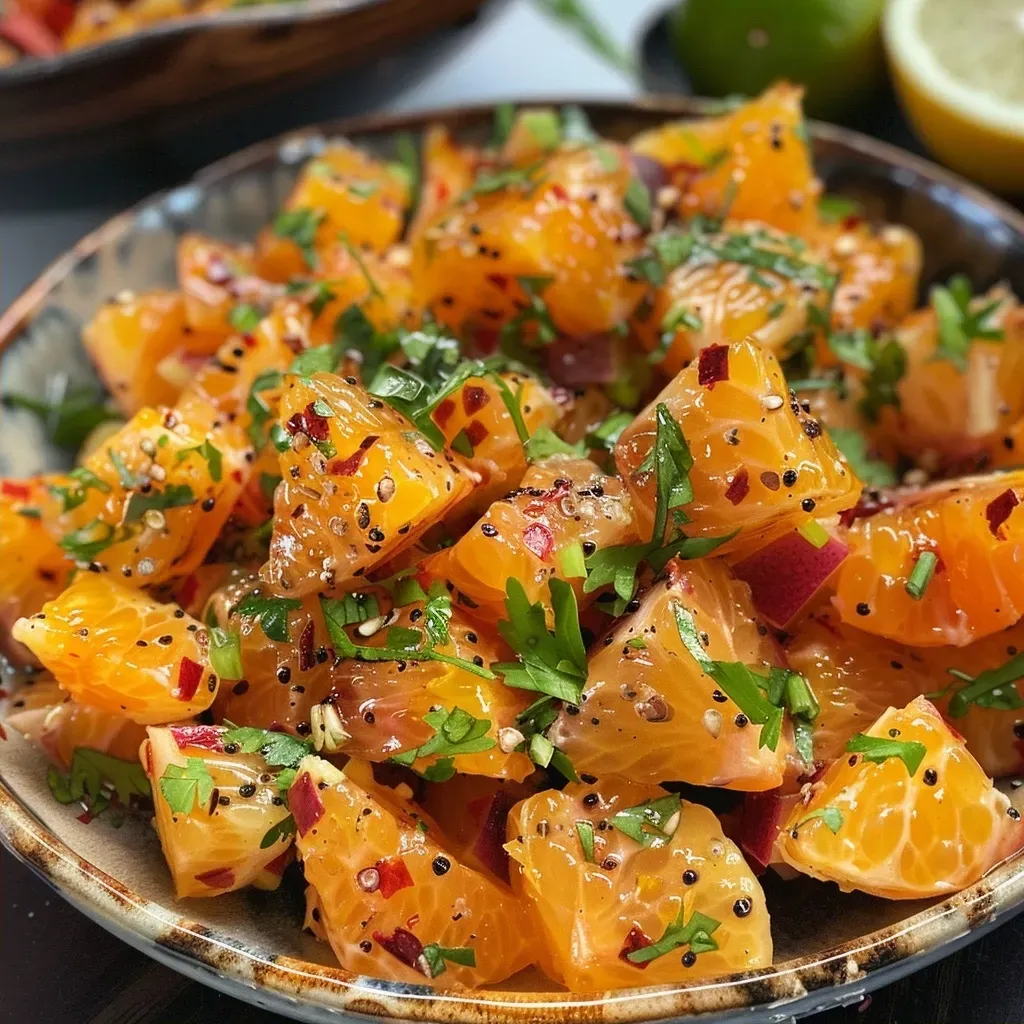 ['Salada colorida de beterraba, laranja e rúcula com nozes.', 'Prato com salada de beterraba, laranja e rúcula com sementes de gergelim.', 'Close-up de salada de beterraba com laranjas, rúcula e nozes picadas.', 'Salada fresca de beterraba e laranja servida em um prato.']