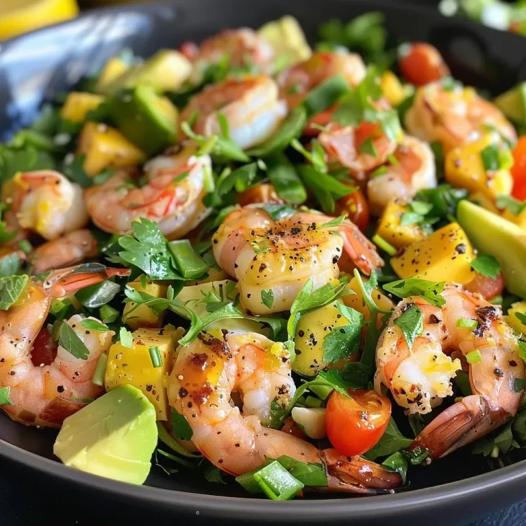 ['Salada de camarão com manga e abacate em um prato colorido.', 'Close-up de uma salada fresca de camarão, manga e abacate.', 'Ingredientes em destaque: camarões, manga e abacate em uma salada.', 'Salada de crevettes com toques de manga e abacate, pronta para servir.']