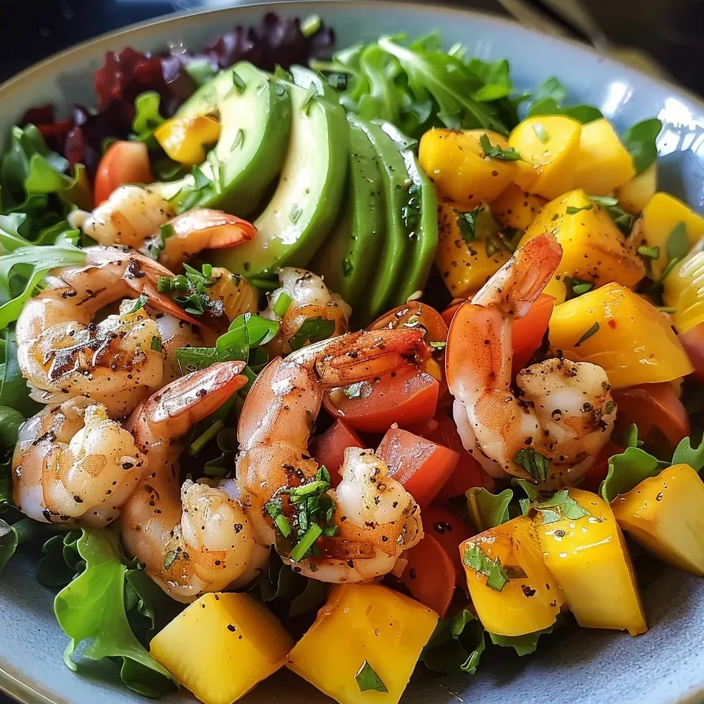 ['Salada de camarão com manga e abacate em um prato colorido.', 'Close-up de uma salada fresca de camarão, manga e abacate.', 'Ingredientes em destaque: camarões, manga e abacate em uma salada.', 'Salada de crevettes com toques de manga e abacate, pronta para servir.']