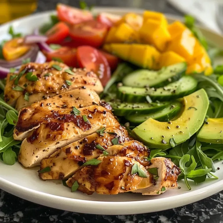 ['Salada de frango com manga, mostrando ingredientes frescos.', 'Prato colorido de salada de frango com manga e vegetais.', 'Close-up de uma salada saudável com frango grelhado e manga.', 'Salada saudável de frango e manga com abacate e tomates.']