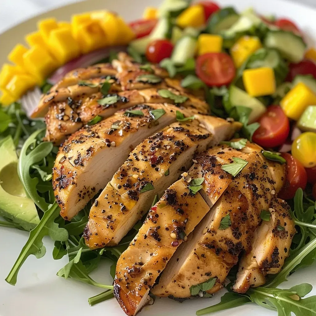 ['Salada de frango com manga, mostrando ingredientes frescos.', 'Prato colorido de salada de frango com manga e vegetais.', 'Close-up de uma salada saudável com frango grelhado e manga.', 'Salada saudável de frango e manga com abacate e tomates.']