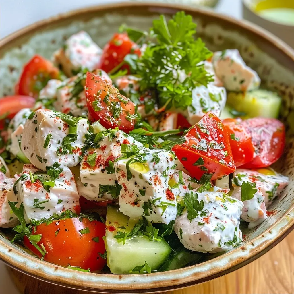 ['Salada fresca com peito de frango, pepino, tomate e molho tzatziki.', 'Prato colorido de salada de frango com iogurte, ervas e vegetais.', 'Salada de frango vista de lado, com ingredientes frescos e molho cremoso.', 'Close de salada de frango tzatziki, mostrando seu aspecto suculento e refrescante.']
