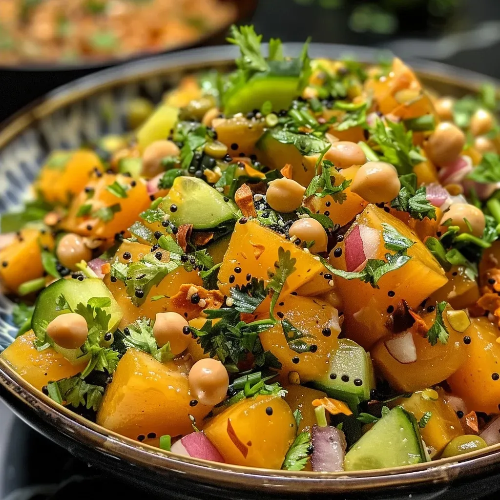Salada colorida com legumes frescos e amendoim em destaque.