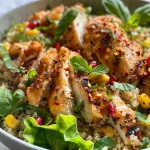['Salada de quinoa com frango, folhas verdes e grãos coloridos.', 'Close de uma salada nutritiva de quinoa e frango grelhado.', 'Mix vibrante de quinoa, frango e legumes frescos em um prato.', 'Porção de salada de quinoa com frango e ingredientes frescos.']