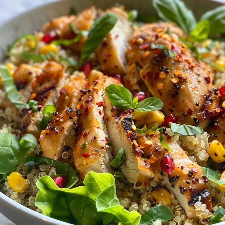 ['Salada de quinoa com frango, folhas verdes e grãos coloridos.', 'Close de uma salada nutritiva de quinoa e frango grelhado.', 'Mix vibrante de quinoa, frango e legumes frescos em um prato.', 'Porção de salada de quinoa com frango e ingredientes frescos.']