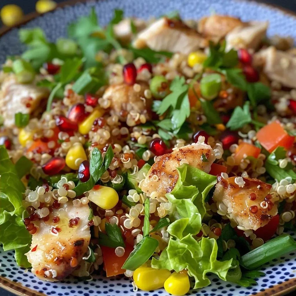 Salada de quinoa com frango, folhas verdes e grãos coloridos.