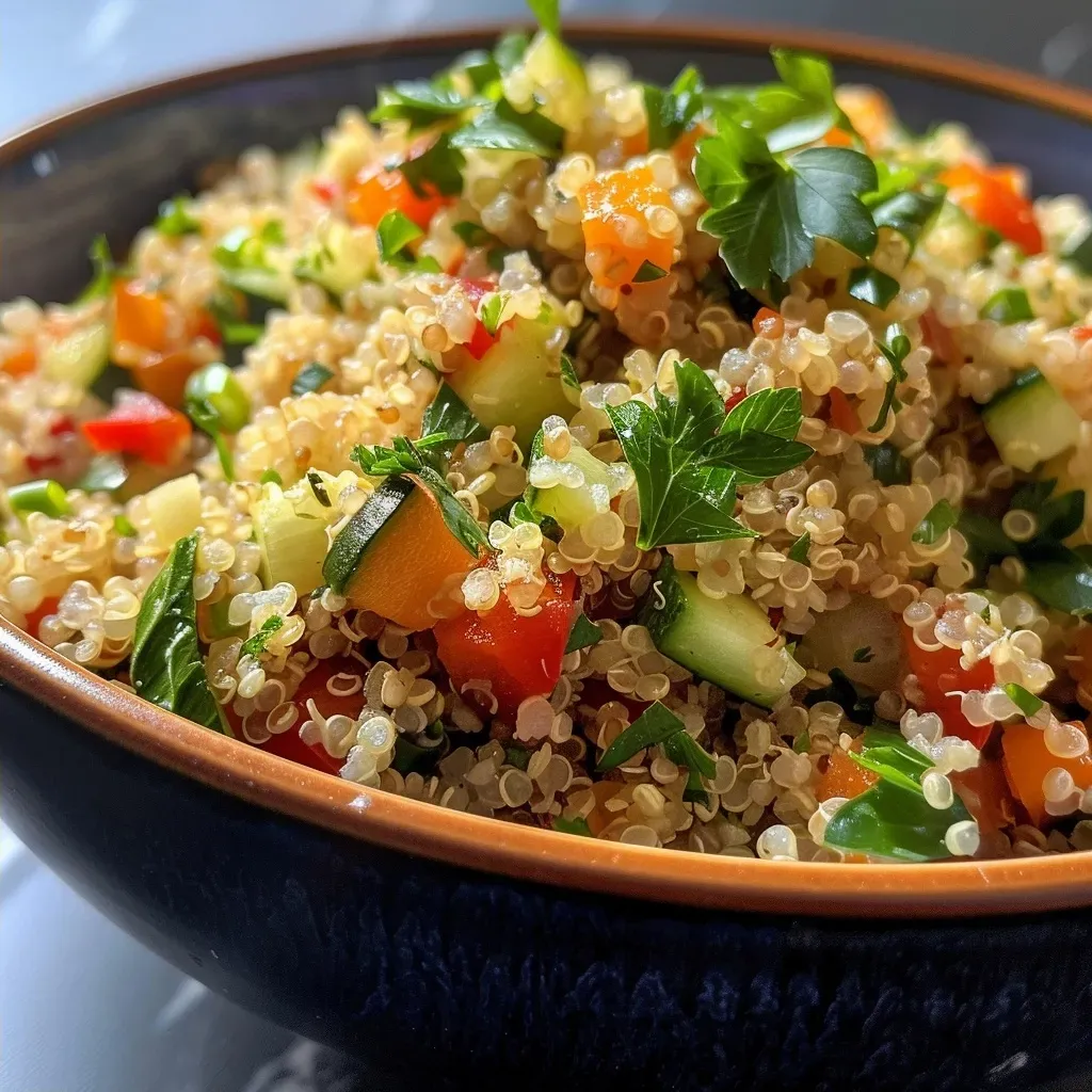 Salada de quinoa com legumes assados, vista lateral.