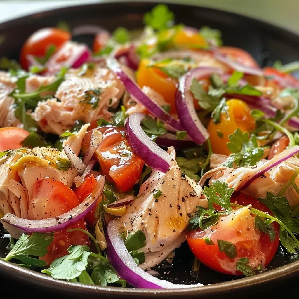 ['Salada proteica com frango grelhado, repolho e cenoura.', 'Close-up de salada com frango, repolho cru e molho de iogurte.', 'Prato de salada refrescante com frango grelhado e legumes.', 'Salada colorida com frango, repolho branco e roxo.']