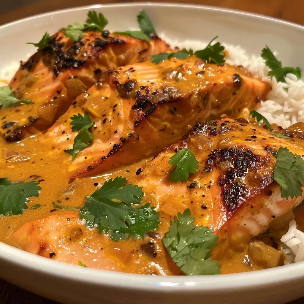 Prato de salmão ao curry com leite de coco e guarnição de coentro.