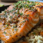 ['Salmão com crosta de gergelim, servido com risoto de limão siciliano.', 'Prato de salmão coberto com gergelim, acompanhado de risoto cremoso.', 'Close-up de salmão com gergelim e risoto de limão em um prato.', 'Salmão grelhado com crosta de gergelim e risoto ao lado.']