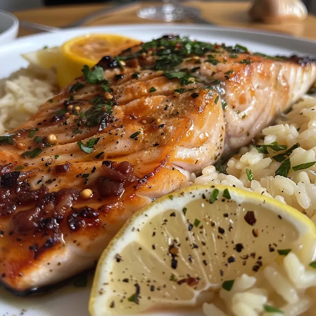 ['Salmão com crosta de gergelim, servido com risoto de limão siciliano.', 'Prato de salmão coberto com gergelim, acompanhado de risoto cremoso.', 'Close-up de salmão com gergelim e risoto de limão em um prato.', 'Salmão grelhado com crosta de gergelim e risoto ao lado.']