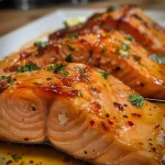 ['Filé de salmão glaciado com mel e alho, servido com pasta de figo.', 'Close-up de salmão com molho de mel e alho, acompanhado de figo.', 'Salmão frito em uma panela com glaze de mel e alho, ao lado de figo.', 'Salmão suculento com cobertura de mel e alho, servido com figo.']
