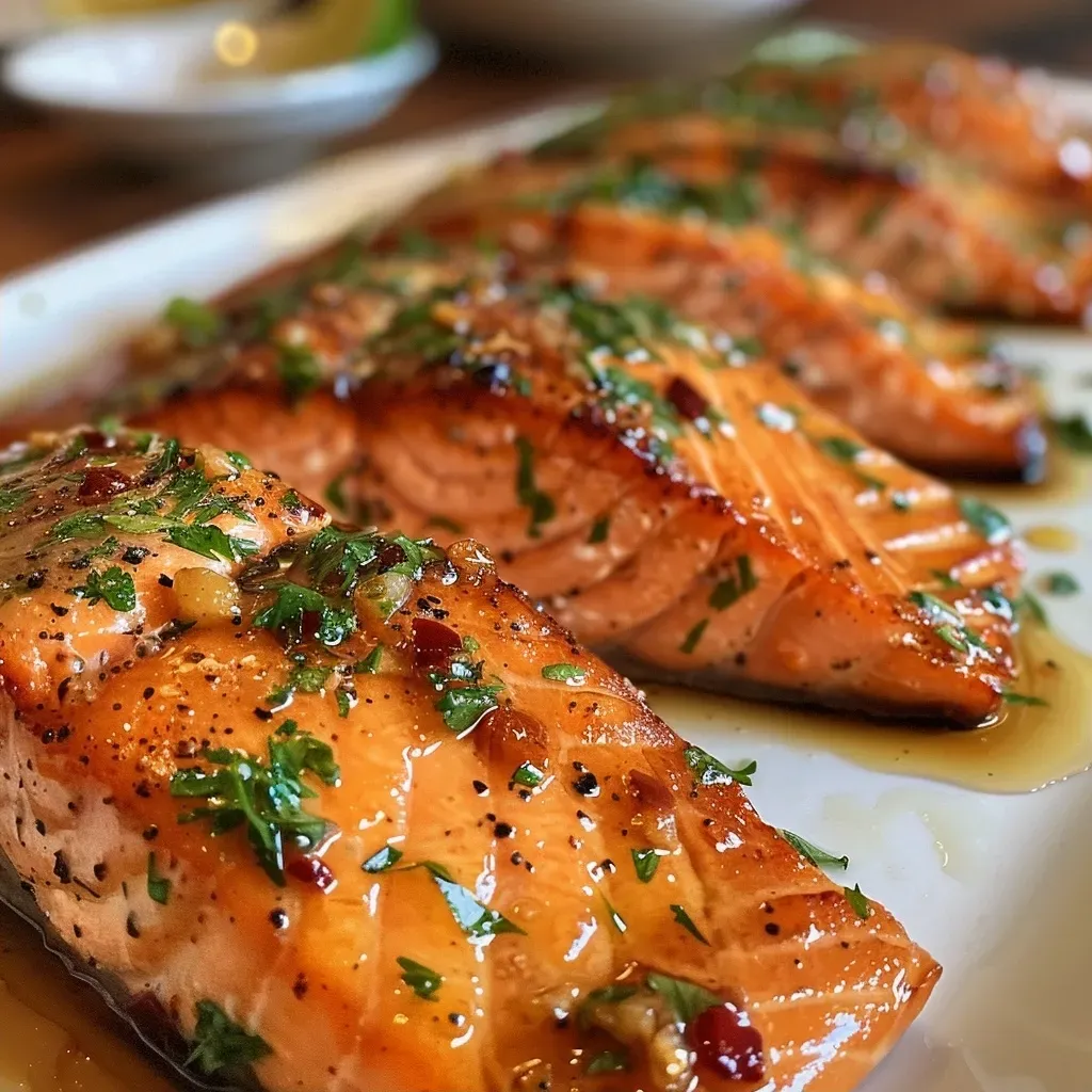 ['Filé de salmão glaciado com mel e alho, servido com pasta de figo.', 'Close-up de salmão com molho de mel e alho, acompanhado de figo.', 'Salmão frito em uma panela com glaze de mel e alho, ao lado de figo.', 'Salmão suculento com cobertura de mel e alho, servido com figo.']