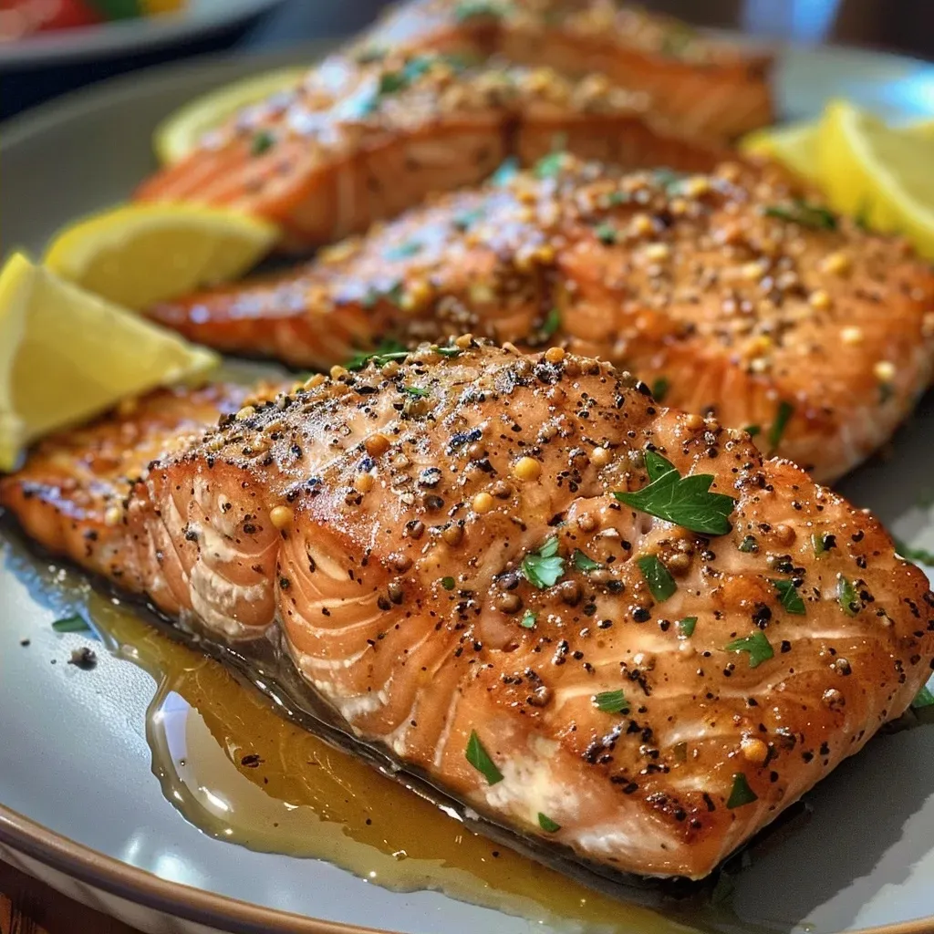 Salmão grelhado coberto com molho de mostarda e mel.