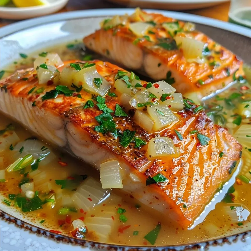 Salmão semicru marinado em molho oriental com cebola e alcaparras.