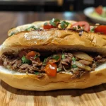 ['Sanduíche de carne louca com muçarela derretida ao lado.', 'Close de um sanduíche recheado de carne louca e queijo.', 'Lanche de carne louca com pães franceses e vegetais.', 'Sanduíche suculento com carne desfiada e queijo derretido.']